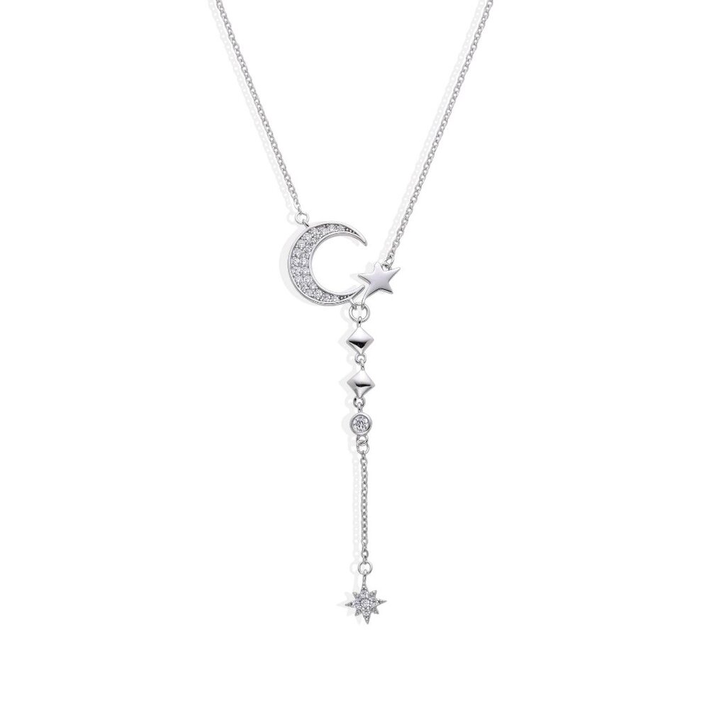 Necklace Moon and Star Pendant in 925 Sterling Silver with Zircons